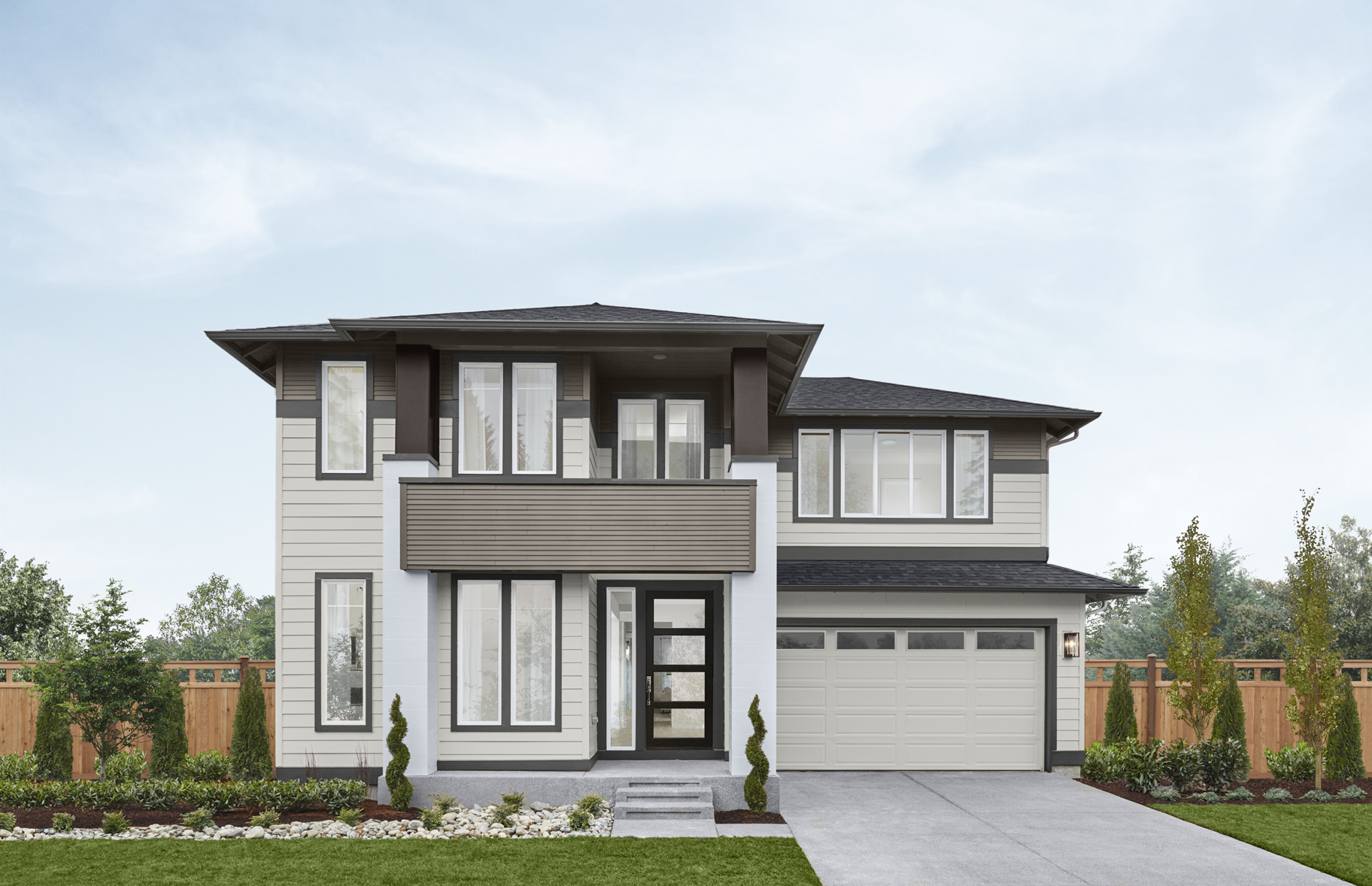 modern two-story new-home rendering with light colored exterior accented with tan and dark trim and a 2-car garage