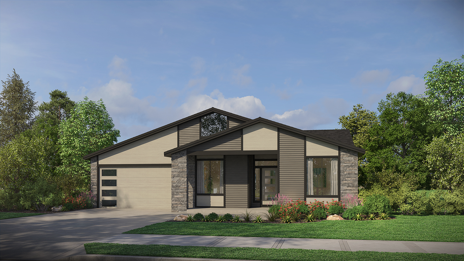 single-story new for sale home with tan exterior and 2-car garage