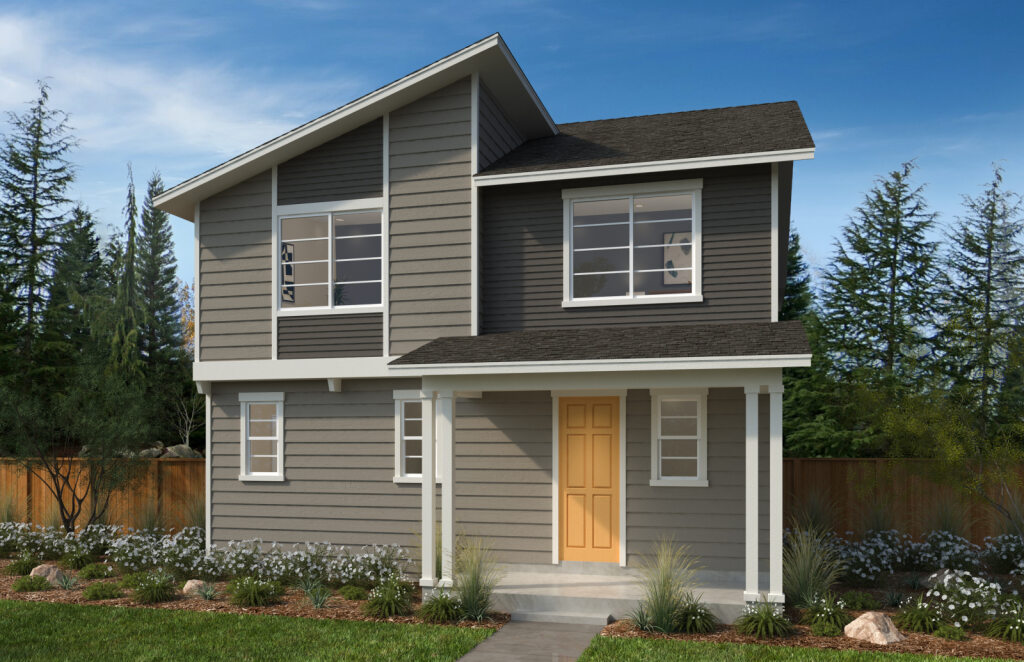 two-story home rendering with a yellow front door and a tan exterior with dark brown accents and white trim